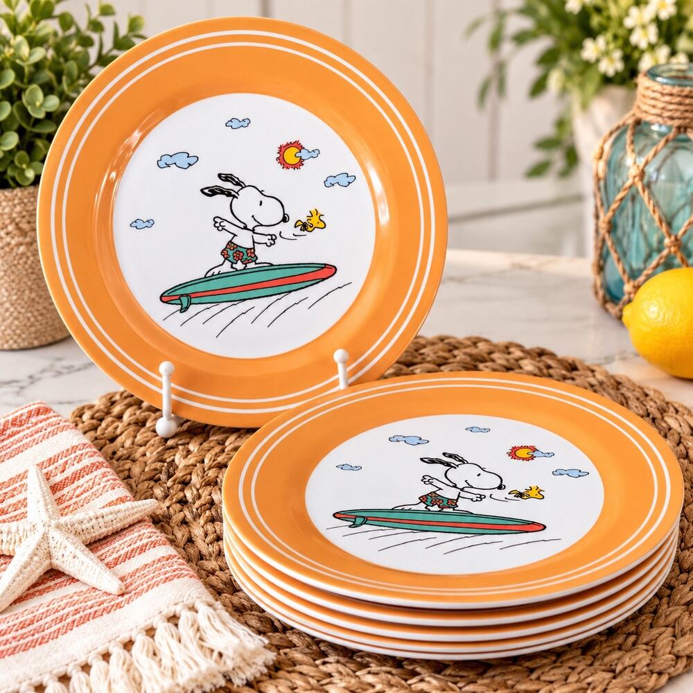 Peanuts Snoopy Surfing Melamine Dinner Plates Set of 6 Orange 10.5” Gibson 2025